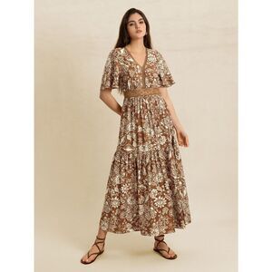 Cute Floral Ditsy Dress Nuetral Deep Tan Lace Waist Western Vibe Small